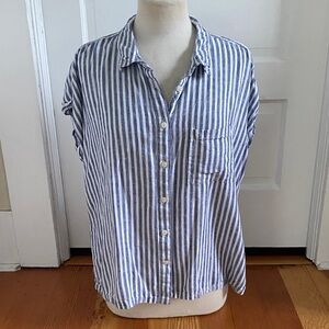 Orvis Casual White Blue Striped Button-Up Linen Blend‎ Shirt XL